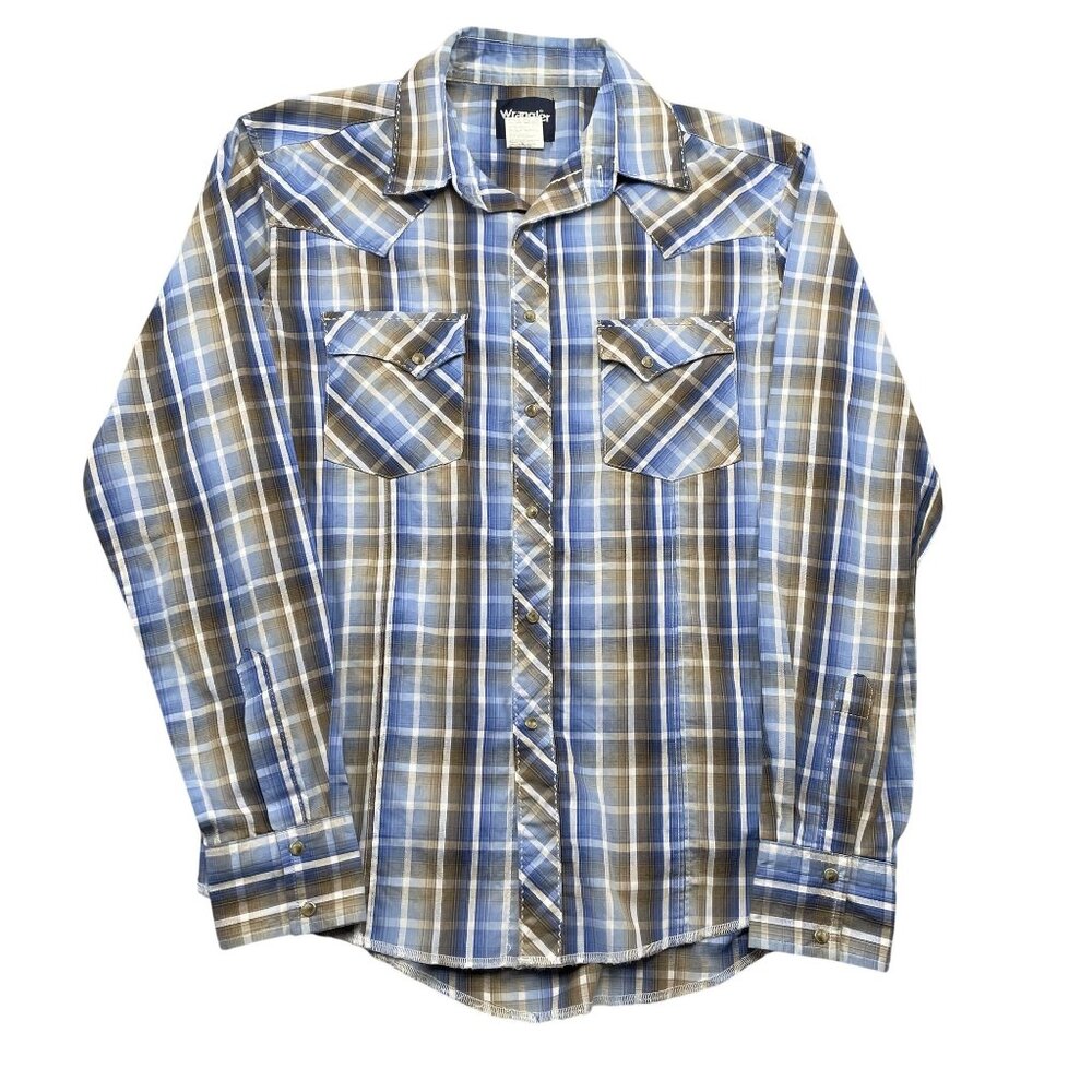 Wrangler Western Shirt Mens Medium Blue Rust Plaid Pearl Snap Button